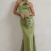 Unstoppable | Olive Green Satin Cross Over Halter Neck Maxi Dress -Sangyong Store BANNER CL126739 UnstoppableOliveGreenSatinCrossOverHalterNeckMaxiDress8
