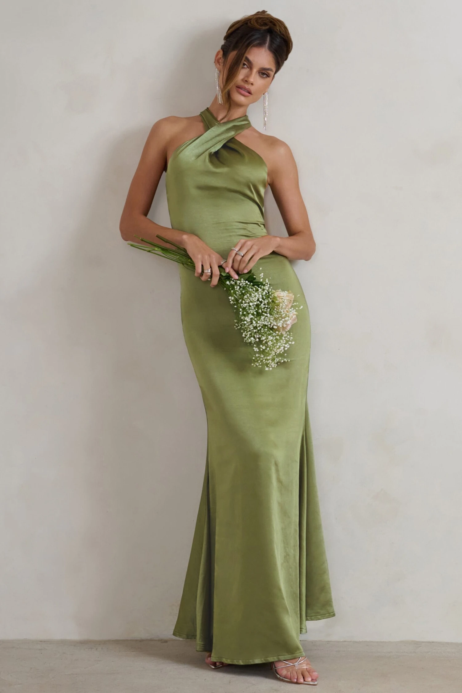 Unstoppable | Olive Green Satin Cross Over Halter Neck Maxi Dress 3 Unstoppable | Olive Green Satin Cross Over Halter Neck Maxi Dress