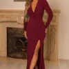 Unforgotten | Berry Wrap Front Maxi Dress With Side Split -Sangyong Store CC CL126726 berry plunge long sleeve ruched thigh split maxi dress 1