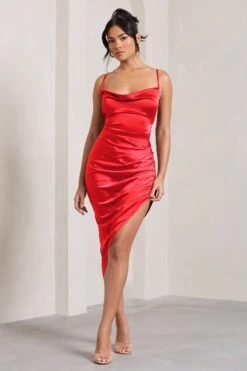 Risk It All | Red Cami Cowl Neck Satin Asymmetric Hem Midi Dress -Sangyong Store CC HR CL126039 RiskItAllRedCamiCowlNeckAsymmetricHemDress2