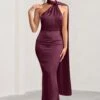 Mademoiselle | Burgundy Satin Asymmetric Scarf Neck Backless Maxi Dress -Sangyong Store CC WB BR CL127576 MademoiselleBurgundySatinAsymmetricScarfNeckBacklessMaxiDress0