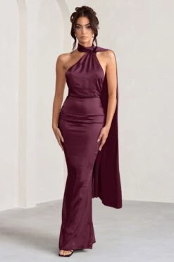 Mademoiselle | Burgundy Satin Asymmetric Scarf Neck Backless Maxi Dress -Sangyong Store CC WB BR CL127576 MademoiselleBurgundySatinAsymmetricScarfNeckBacklessMaxiDress1