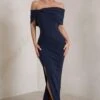 Eva | Navy Bardot Bow Detail Maxi Dress With Thigh Split -Sangyong Store CC WB CL127770 EvaNavyBardotBowDetailMaxiDressWithThighSplit0