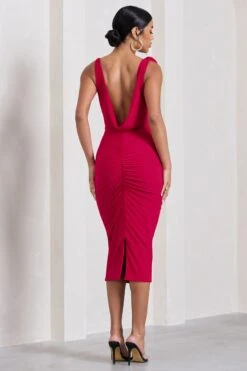 Rosy | Red Cowl-Neck Midi Dress With Floral Corsages -Sangyong Store CC WB CL128451004 RosyRedCowl NeckMidiDressWithFloralCorsages5