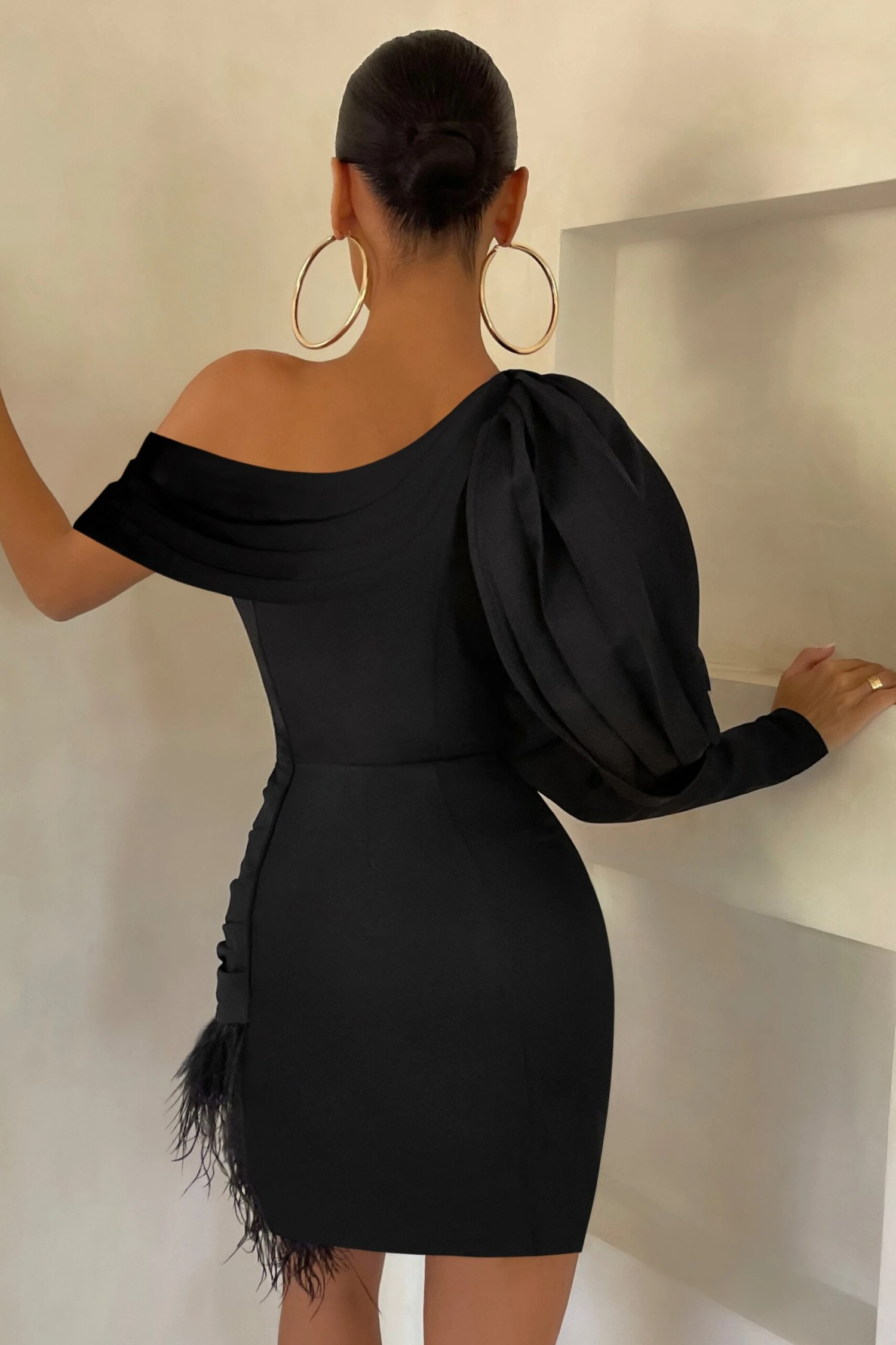 RSVP | Black Asymmetric Volume Sleeve Draped Feather Mini Dress 4 RSVP | Black Asymmetric Volume Sleeve Draped Feather Mini Dress - Image 2