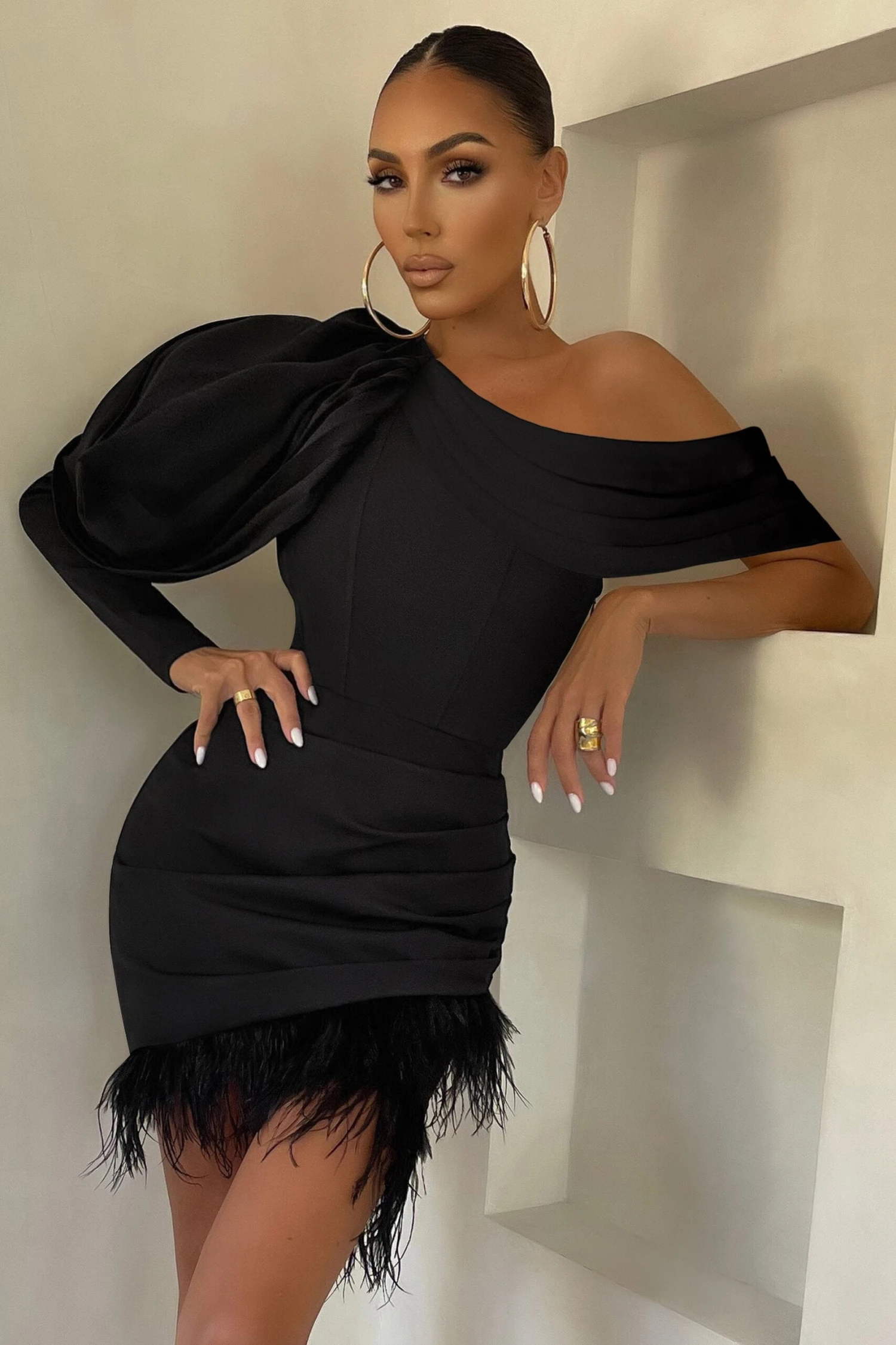 RSVP | Black Asymmetric Volume Sleeve Draped Feather Mini Dress 7 RSVP | Black Asymmetric Volume Sleeve Draped Feather Mini Dress - Image 5
