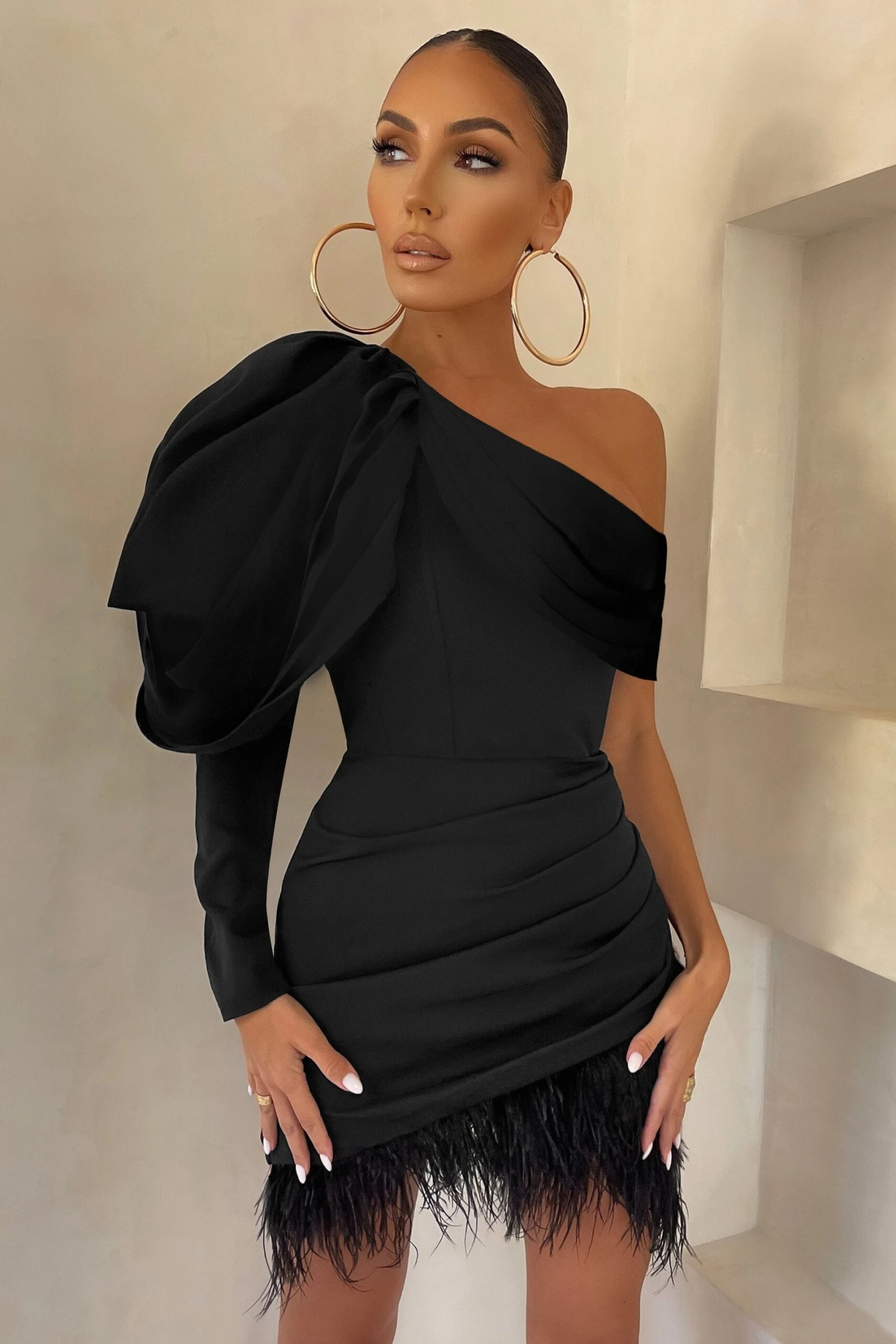 RSVP | Black Asymmetric Volume Sleeve Draped Feather Mini Dress 3 RSVP | Black Asymmetric Volume Sleeve Draped Feather Mini Dress