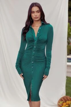 Memorable Moment | Bottle Green Bodycon Ruched Long Sleeve Midi Dress -Sangyong Store CL126147 Green2 bodycon ruched long sleeve midi dress0