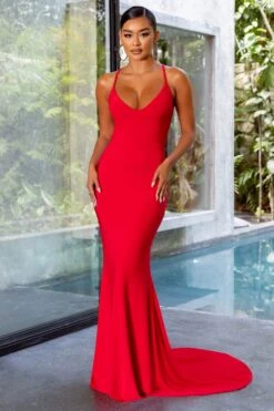 Shooting Star | Red Backless Knot Detail Fishtail Maxi Dress -Sangyong Store CL126211 backless knot detail fishtail maxi dress red 1