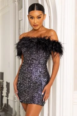 Flashy | Petite Black Sequin Mini Dress With Feather Bardot -Sangyong Store CL126526 black and silver feather detail mini dress 2