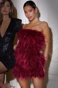 Out On The Town | Berry Feather Bandeau Mini Dress -Sangyong Store CL126536 berry feather strapless mini dress CL126576 black sequin plunge neck mini dress with sash detail 20