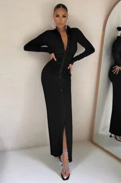 Restless Heart | Black Bodycon Ruched Long Sleeve Maxi Dress -Sangyong Store CL126537 Bodycon Long Sleeve button Maxi Dress 8