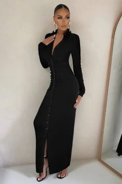 Restless Heart | Black Bodycon Ruched Long Sleeve Maxi Dress -Sangyong Store CL126537 Bodycon Long Sleeve button Maxi Dress 9