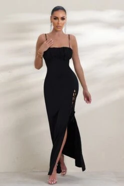 On Show | Black Lace Up Detail Split Leg Maxi Dress -Sangyong Store CL126542 BlackLaceUpDetailSplitLegMaxiDress5