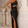 High Time | Black One Shoulder Ruched Maxi Dress With Side Split -Sangyong Store CL126580 black cutout one shoulder maxi dress 1