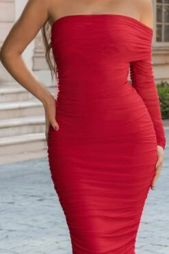 Bijou | Red Asymmetric Bardot Mesh Ruched Midi Dress -Sangyong Store CL126645 red asymmetric bardot mesh ruched midi dress detail