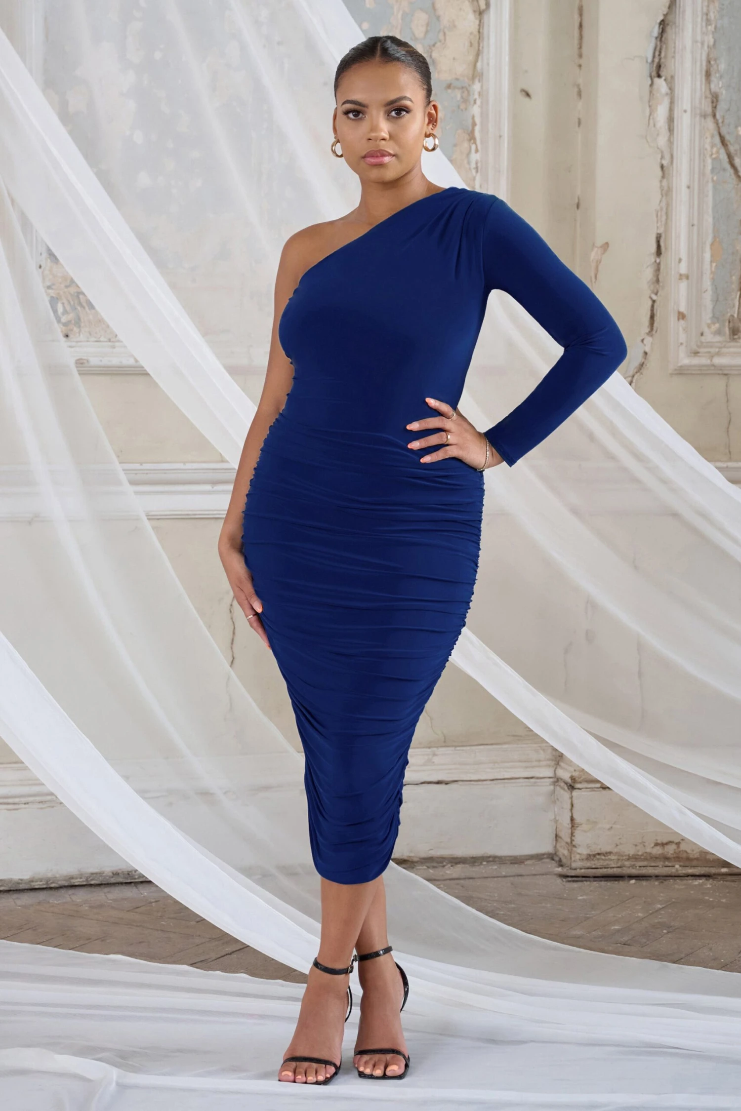 In The Shadows | Royal Blue One Sleeve Midi Dress With Ruching 3 In The Shadows | Royal Blue One Sleeve Midi Dress With Ruching