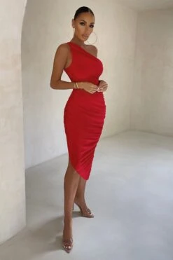 Late Night | Red Asymmetric One Shoulder Ruched Midi Dress -Sangyong Store CL126680 Red Asymetric One SHoulder Ruched Mini Dress 6