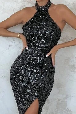 Forever Shining | Black Sequin Halter Neck Maxi Dress -Sangyong Store CL126698 black1 Sequin Side Split High Neck Sleeveless Maxi Dress 1