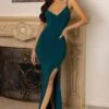 Love Shy | Bottle Green Plunge Neck Maxi Dress With Split Detail -Sangyong Store CL126720 bottle green cami strap thigh split maxi dress 3
