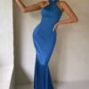 Unstoppable | Electric Blue Cross Over Halter Neck Maxi Dress -Sangyong Store CL126739 blue Satin Crossover Halterneck Maxi Dress 5