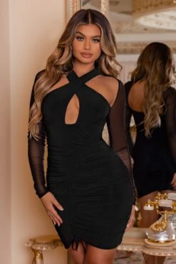 Eyes On You | Black Long Sleeve Halter Neck Mini Dress -Sangyong Store CL126751 black long sleeve halterneck mini dress 8