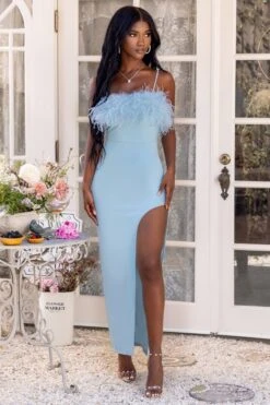 In Love | Powder Blue Feather Trim Maxi Dress With Curved Side Split -Sangyong Store CL127043PowderBlueFeatherTrimMaxiDressWithCurvedSideSplit3