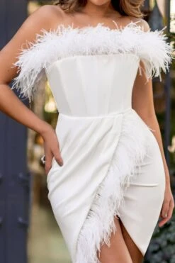 Priceless | White Bandeau Feather Corset Midi Dress With Feather Trim -Sangyong Store CL127049White1BandeauFeatherCorsetDressWithFeatherTrim1