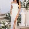 Marry Me | Ivory Sequin Bardot Thigh Split Maxi Dress -Sangyong Store CL127143 WhiteBardotThighSplitMaxiDress4