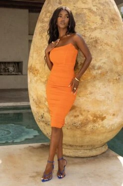 Negroni | Orange Bandeau Corset Ruched Mesh Midi Dress