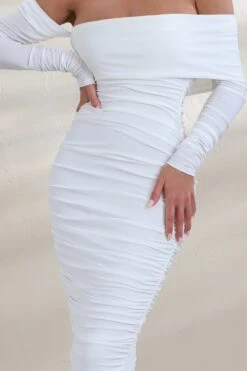 Riga | White Bardot Ruched Midi Dress With Long Sleeves -Sangyong Store CL127320 RigaWhiteBardotDetailRuchedMidiDressdetail