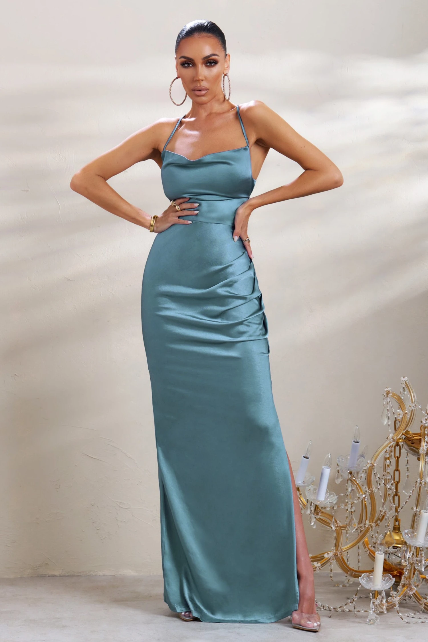 A-List | Blue Satin Cowl Maxi Dress With Thigh Split 3 A-List | Blue Satin Cowl Maxi Dress With Thigh Split