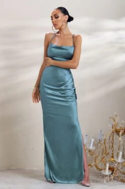 A-List | Blue Satin Cowl Maxi Dress With Thigh Split 8 A-List | Blue Satin Cowl Maxi Dress With Thigh Split -Sangyong Store CL127343 A ListBlueSatinCowlMaxiDressWithThighSplit3