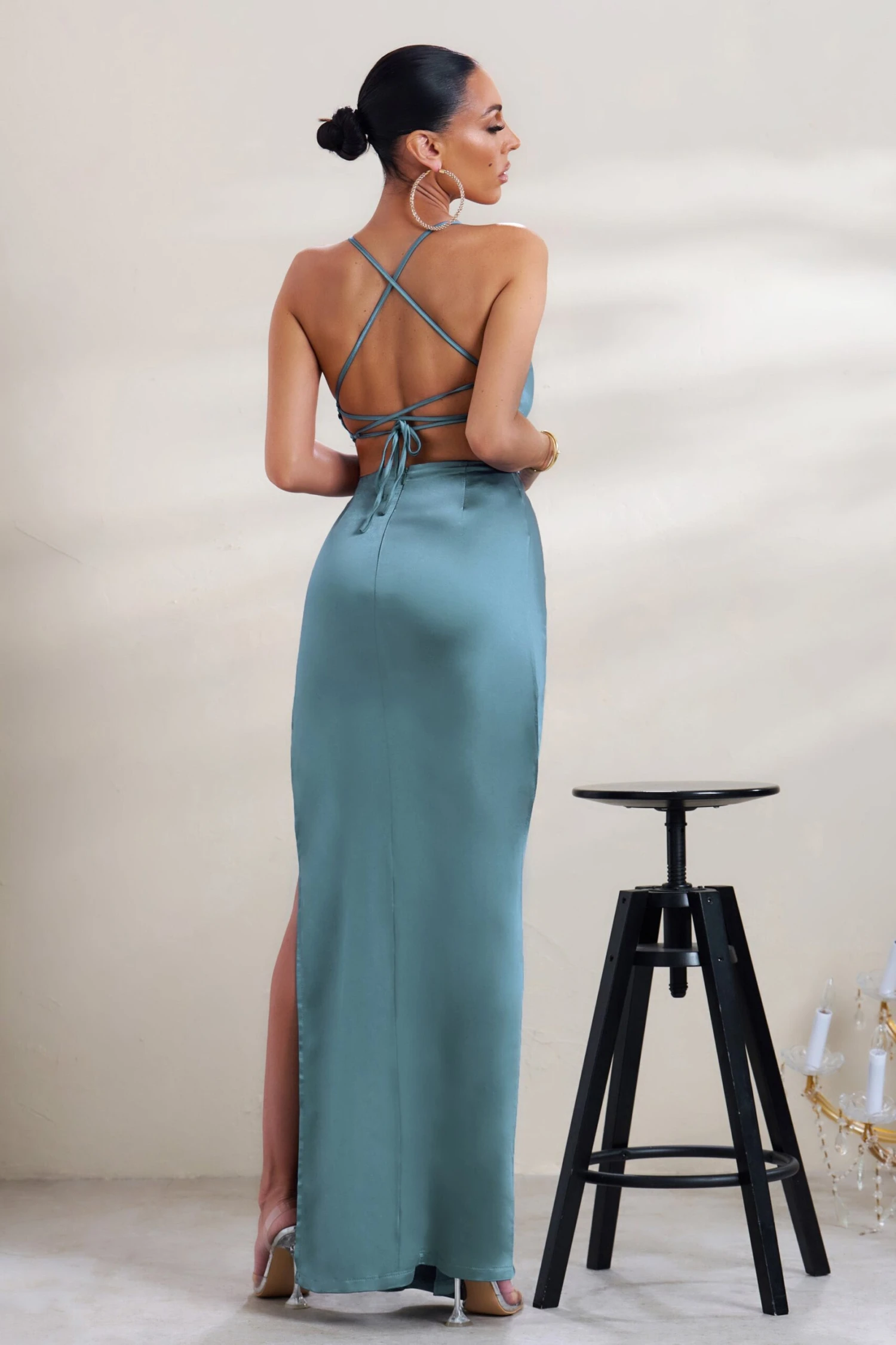 A-List | Blue Satin Cowl Maxi Dress With Thigh Split 4 A-List | Blue Satin Cowl Maxi Dress With Thigh Split - Image 2
