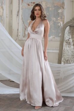 Darling | Champagne Satin Halter Neck Bow Back Thigh Split Maxi Dress -Sangyong Store CL127426 DarbyChampagneSatinHalterNeckBowBackThighSplitMaxiDress3