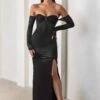 My Prize | Black Satin Bardot Mesh Long Sleeve Maxi Dress With Thigh Split
