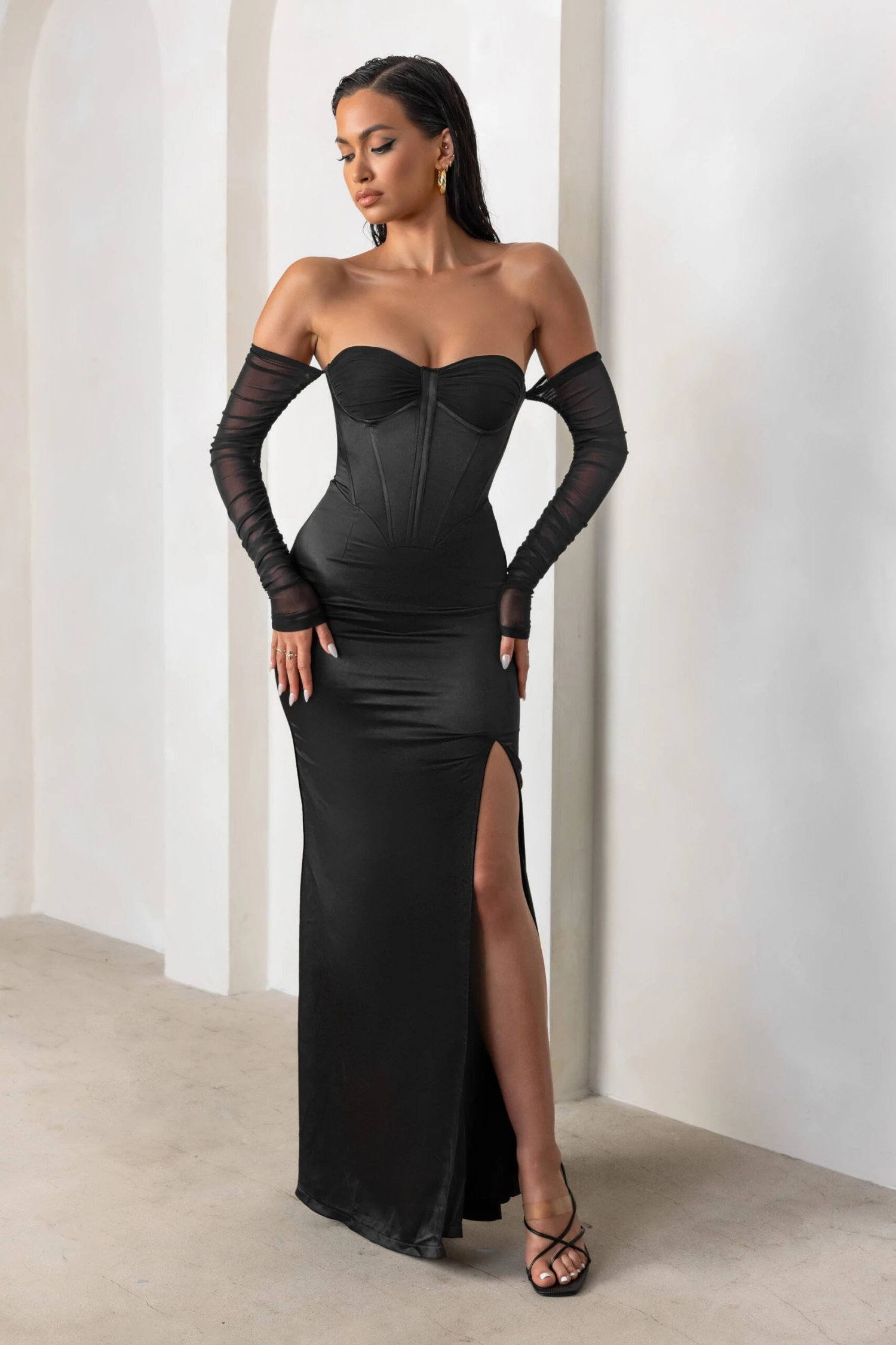 My Prize | Black Satin Bardot Mesh Long Sleeve Maxi Dress With Thigh Split 6 My Prize | Black Satin Bardot Mesh Long Sleeve Maxi Dress With Thigh Split - Image 4