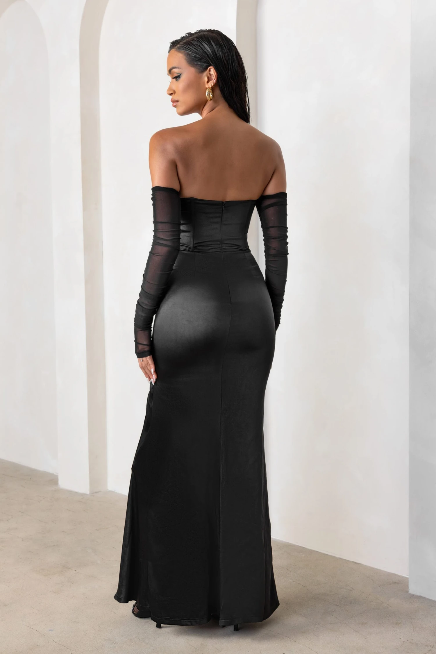 My Prize | Black Satin Bardot Mesh Long Sleeve Maxi Dress With Thigh Split 4 My Prize | Black Satin Bardot Mesh Long Sleeve Maxi Dress With Thigh Split - Image 2