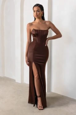 Sensual Notes | Chocolate Brown Satin Strapless Corset Thigh Split Maxi Dress -Sangyong Store CL127453 SensualNotesChocolateBrownSatinStraplessCorsetThighSplitMaxiDress5