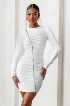 Empowered | White High Neck Long Sleeves Zip Detail Mini Dress -Sangyong Store CL12747 WhiteHighNeckLongSleevesMiniDress1