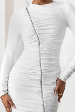 Empowered | White High Neck Long Sleeves Zip Detail Mini Dress -Sangyong Store CL12747 WhiteHighNeckLongSleevesMiniDress Detail