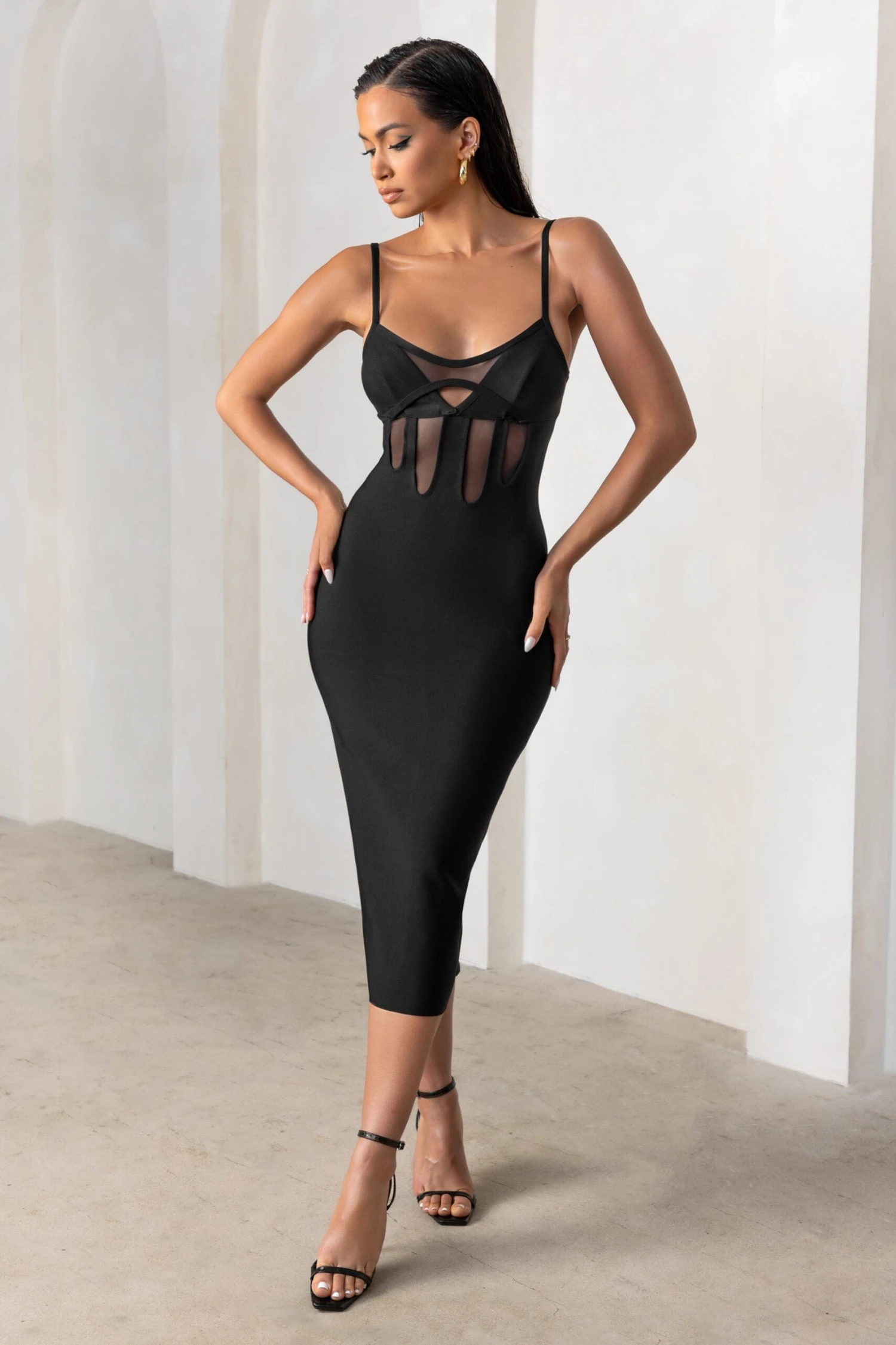 Destiny Calling | Black Bandage Mesh Cut Out Midi Dress With Bra Detail 3 Destiny Calling | Black Bandage Mesh Cut Out Midi Dress With Bra Detail