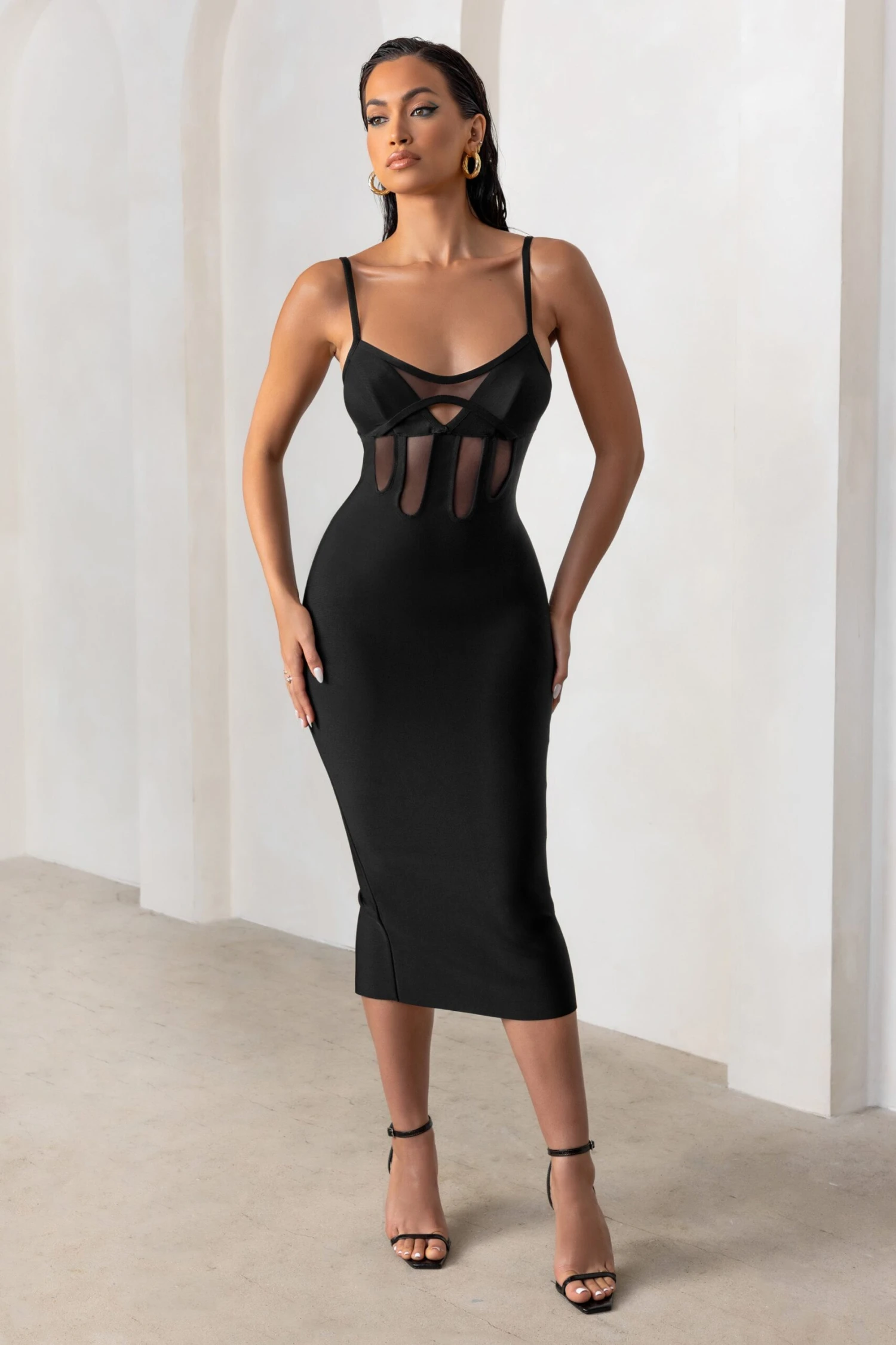 Destiny Calling | Black Bandage Mesh Cut Out Midi Dress With Bra Detail 6 Destiny Calling | Black Bandage Mesh Cut Out Midi Dress With Bra Detail - Image 4