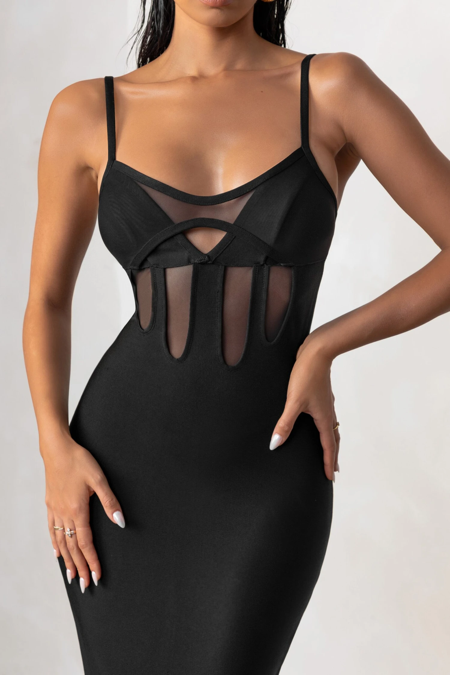 Destiny Calling | Black Bandage Mesh Cut Out Midi Dress With Bra Detail 5 Destiny Calling | Black Bandage Mesh Cut Out Midi Dress With Bra Detail - Image 3