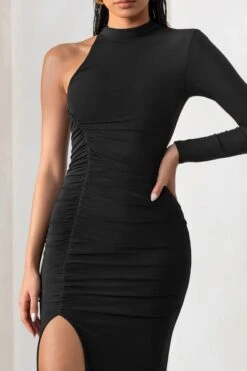 Follow Me | Black High Neck One Sleeve Maxi Dress With Side Ruching -Sangyong Store CL127503 FollowMeBlackHighNeckOneSleeveMaxiDressWithSideRuching7