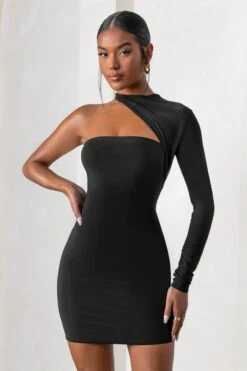 Perfect Touch | Black One Shoulder Long Sleeve Mini Dress -Sangyong Store CL127623 PerfectTouchBlackLongSleeveCutOutMiniDress0