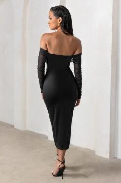 Precious Treasure | Black Bardot Corset Buckle Detail Midi Dress With Mesh Sleeves -Sangyong Store CL127654 PreciousTreasureBlackBardotCorsetBuckleDetailMidiDressWithMeshSleeves11