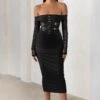 Precious Treasure | Black Bardot Corset Buckle Detail Midi Dress With Mesh Sleeves -Sangyong Store CL127654 PreciousTreasureBlackBardotCorsetBuckleDetailMidiDressWithMeshSleeves6