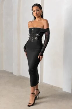 Precious Treasure | Black Bardot Corset Buckle Detail Midi Dress With Mesh Sleeves -Sangyong Store CL127654 PreciousTreasureBlackBardotCorsetBuckleDetailMidiDressWithMeshSleeves8