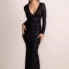 Amani | Black Sequin Plunge Neck Long Sleeves Fishtail Maxi Dress -Sangyong Store CL127680 AmaniBlackSequinPlungeNeckLongSleevesFishtailMaxiDress0